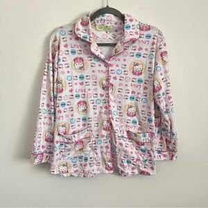 Hello Kitty Kawaii Button Up Pajama Top Pink White All Over Print Long Sleeve L